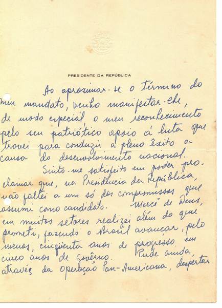 Carta escrita por Jucelino Kubitschek - folha 1